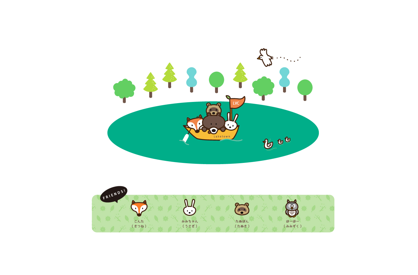 メインキャラの仲間として、きつね・うさぎ・たぬき・みみずくのキャラクターも制作。