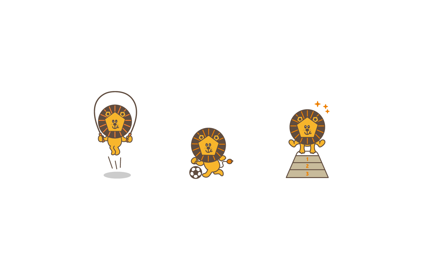 オリジナルキャラクターのイラスト3つ。左から縄跳びを飛ぶ姿・サッカーをする姿・跳び箱を飛んている姿。