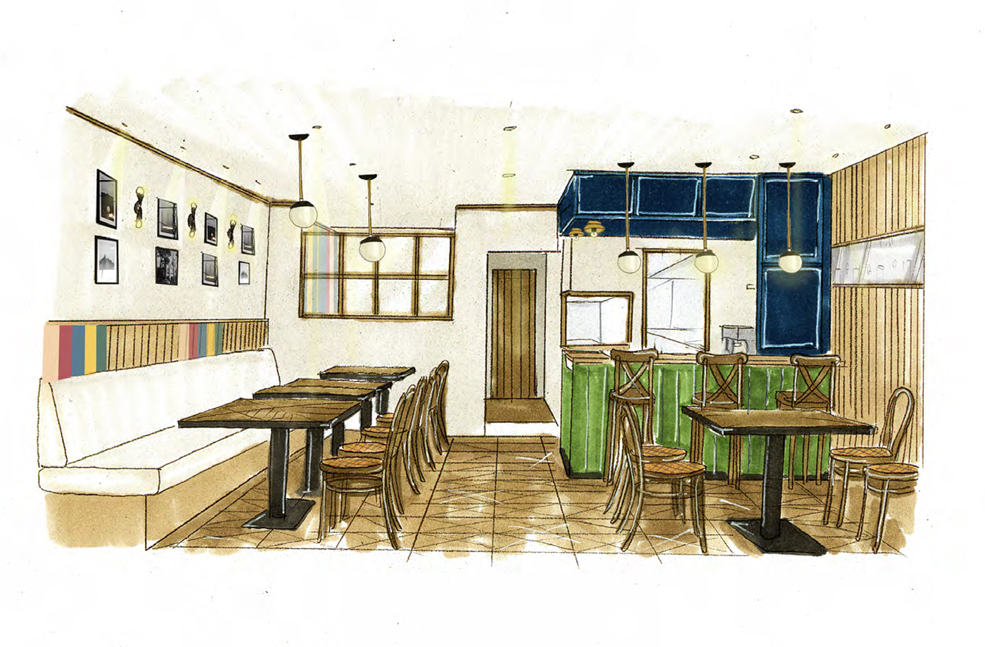 cafe mani e mani 様の内装デザイン(手書きイメージ)