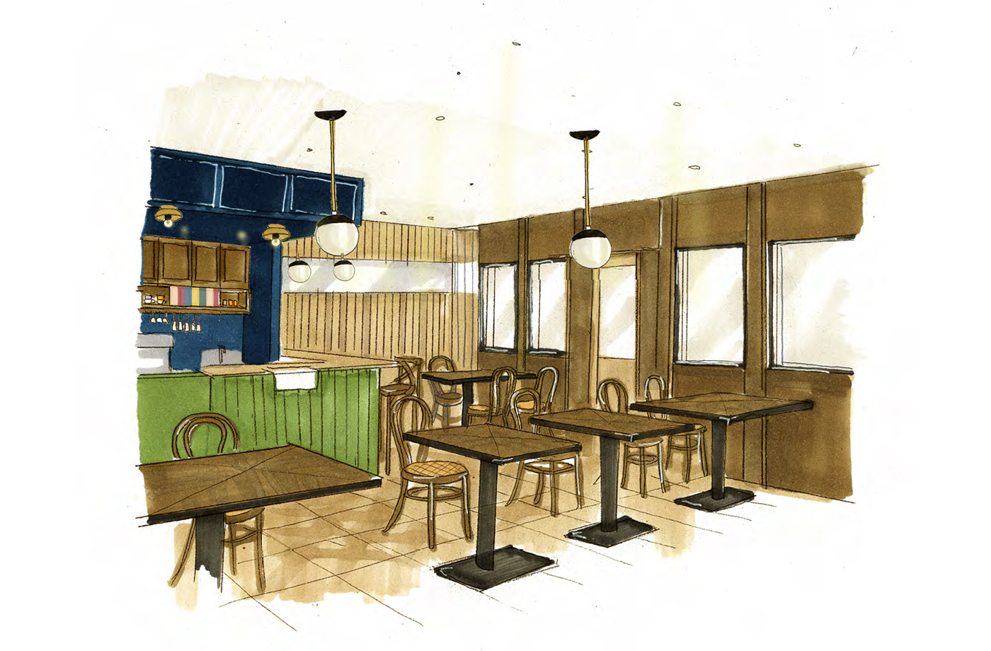 cafe mani e mani 様の内装デザイン(手書きイメージ)